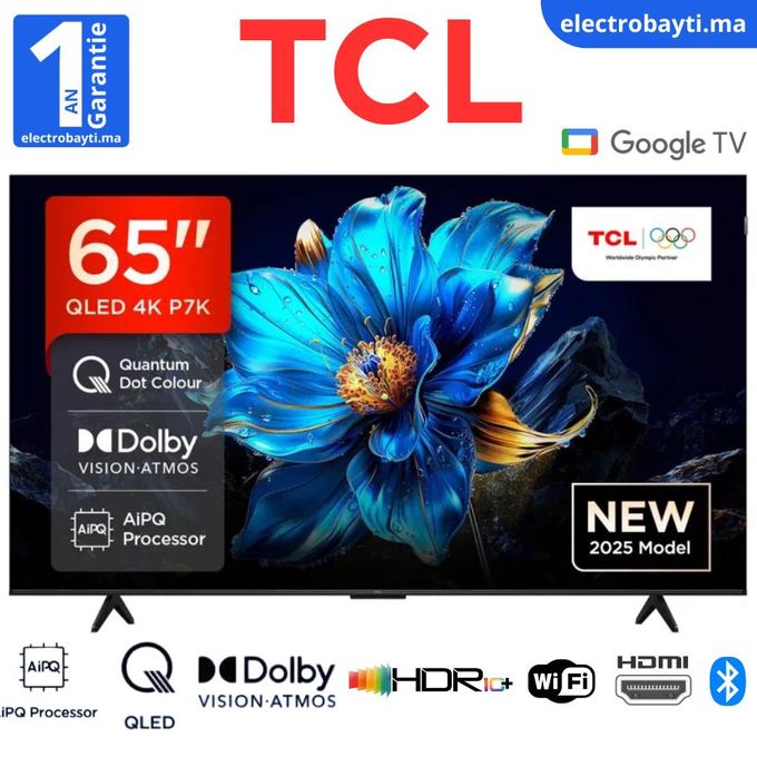 TCL Téléviseur intelligent 65 pouces QLED 4K UHD Google TV Dolby Vision, HDR10+, 65P7K
 Fiche Technique et Prix au Maroc
