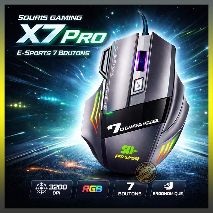 SH Souris Gaming X7 Pro E-Sports 7 Boutons – 800 à 3200 DPI Réglable – Design Ergonomique – LED RGB Haute Intensité – Souris Filaire Haute Précision pour PC Windows & Mac
 Fiche Technique et Prix au Maroc