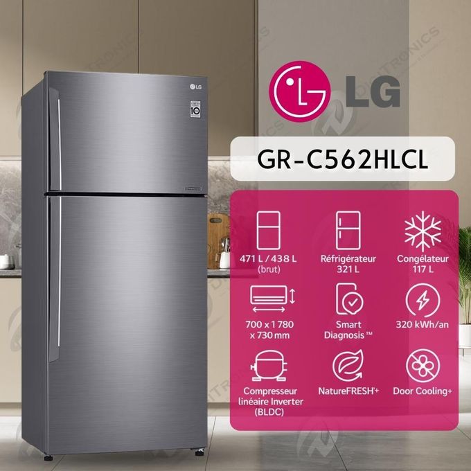 LG Réfrigérateur Compresseur Linéaire Inverter 471L, NatureFRESH, Door Cooling, No Frost, GR-C562HLCL
 Fiche Technique et Prix au Maroc