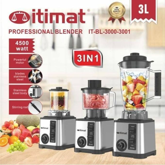Itimat Blender Professionnel 3 en 1 – 4500W, Bol 3L Inox, Mixeur + Hachoir + Moulin – Corps Inox Durable
 Fiche Technique et Prix au Maroc