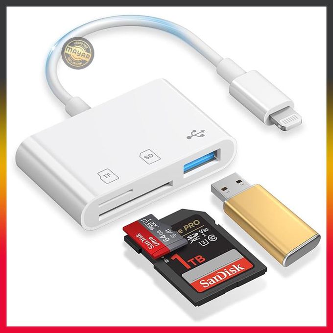 Lecteur de Carte SD 3 en 1 Lightning – Adaptateur SD / MicroSD / USB pour iPhone et iPad transmission 480 Mbps, supporte cartes mémoire jusqu’à 2 To.
 Fiche Technique et Prix au Maroc