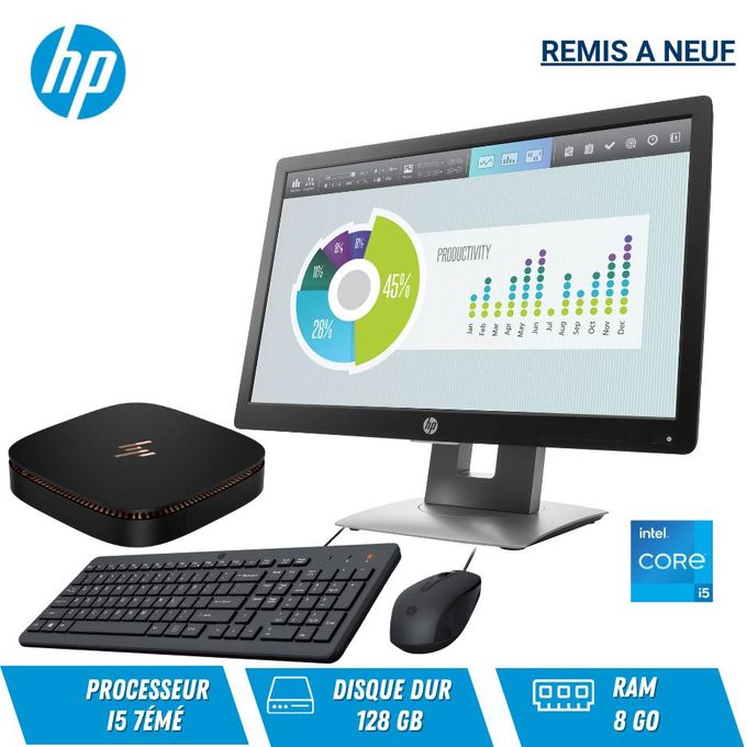 Hp Mini PC Elite Slice Intel® Core™ i5 i5-7500T 8 Go DDR4 Disque Dur 128 Go SSD Avec Ecran 20 pouce - Remis a Neuf -
 Fiche Technique et Prix au Maroc