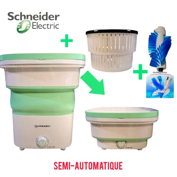 Schneider Mini machine à laver 2kg pliable portable ideal pour le voyage + Panier d'essorage + brosse pour chaussure - Vert
 Fiche Technique et Prix au Maroc