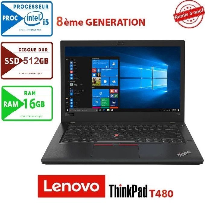 Lenovo ThinkPad T480 i5-8250U -16Go 512Go SSD 14″- Remis a neuf
 Fiche Technique et Prix au Maroc