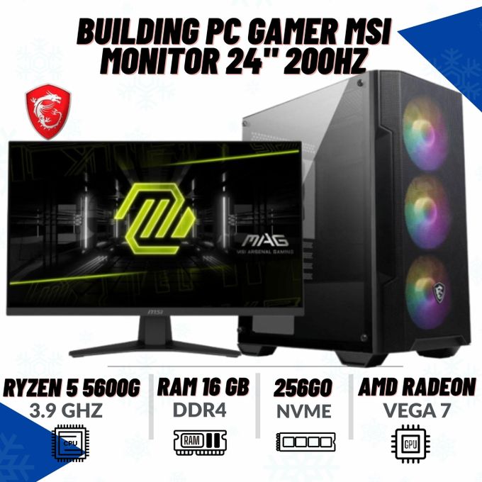 Msi PC Gamer Ryzen 5 5600G 3.9Ghz/ 16Go DDR4/ 256Go Nvme/ GPU RADEON VEGA 7 MONITEUR  24" 200HZ-NEUF
 Fiche Technique et Prix au Maroc