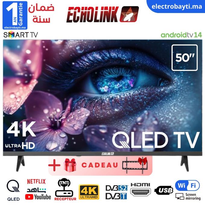 Echolink Télévision intelligente QLED 4K UHD 50" - Android 14 - Wi-Fi, Bluetooth, DVB-T2/S2 + support
 Fiche Technique et Prix au Maroc