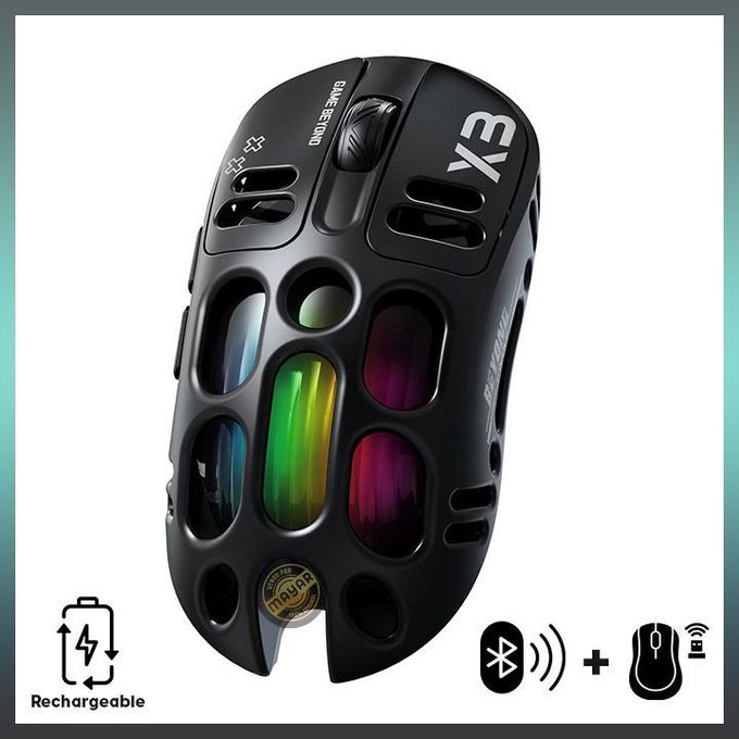 T-Wolf Souris Gaming Ultra-Légère X3 Tri-Mode – Connexion Filaire / 2.4G / Bluetooth 5.1, Coque Alvéolée, RGB Dynamique, Haute Précision 12000 DPI, Batterie 500mAh – Noir
 Fiche Technique et Prix au Maroc