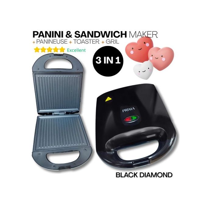 Prima Panini Grill Toast 3in1 Puissant Rapide Pro Antiadhésive Alimentaire Barbecue sans huile ou beurre Jusqu'à 4 Sandwichs Black Diamond.
 Fiche Technique et Prix au Maroc