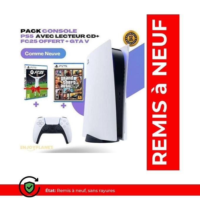 Playstation Pack Console PS5 (avec lecteur de disque) + FC 25 (CD) Offert + GTA V (CD) - Remis à neuf
 Fiche Technique et Prix au Maroc