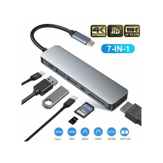 Adaptateur USB 7 in 1 Type C HUB Sortie HD 4K HDMI USB 3.0
 Fiche Technique et Prix au Maroc