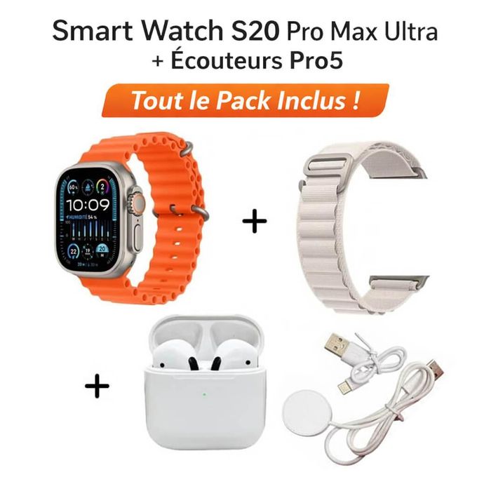 Smart Watch S20 Pro Max Ultra + Écouteurs Pro5 – Montre Connectée Appel Bluetooth, Sport, Suivi Santé & Compatible Android/iOS
 Fiche Technique et Prix au Maroc