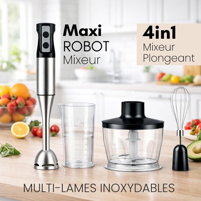 MAXI Robot Mixeur Plongeant 4 en 1 Inox – Semi-Professionnel, Puissant, Multifonction, Vitesses Réglables – Accessoires Hachoir, Fouet, Purée & Verre Doseur – Idée Cadeau Cuisine – Prix Pas Cher Maroc
 Fiche Technique et Prix au Maroc