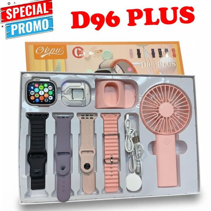 D96 Plus Ultra Smartwatch Bundle – Montre Connectée Bluetooth avec Suivi Santé, Écouteurs Sans Fil Style AirPods, Mini Ventilateur & 4 Bracelets Interchangeables pour Android & iOS
 Fiche Technique et Prix au Maroc