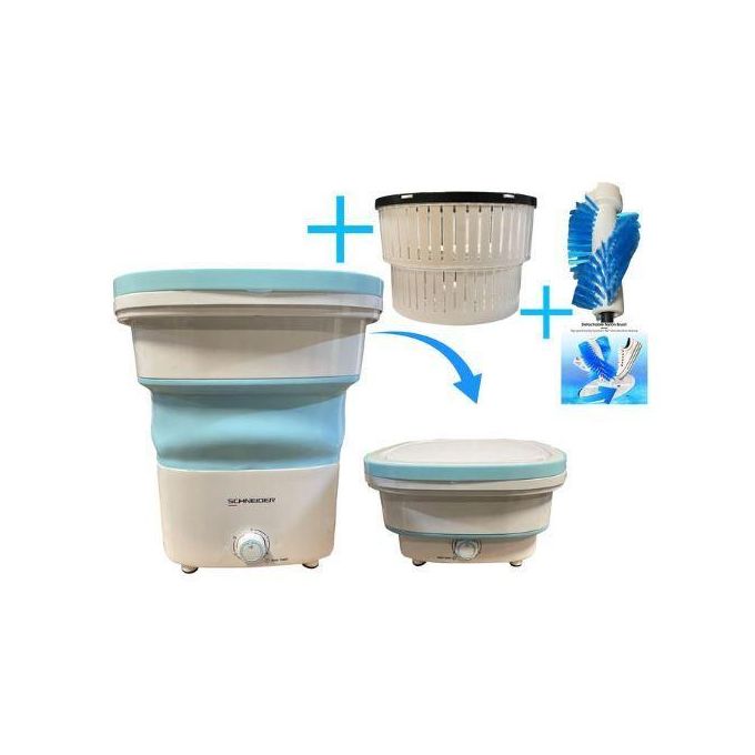 Schneider  Mini machine à laver pliable portable de haute qualité 1,8kg + Panier d'essorage + brosse pour chaussure ,  bleu
 Fiche Technique et Prix au Maroc