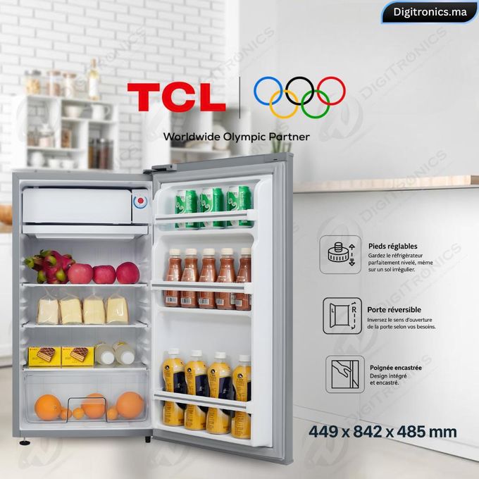 TCL Réfrigérateur 90L, Porte Réversible, 3 Étagères en Verre et Silencieux, F120SD
 Fiche Technique et Prix au Maroc