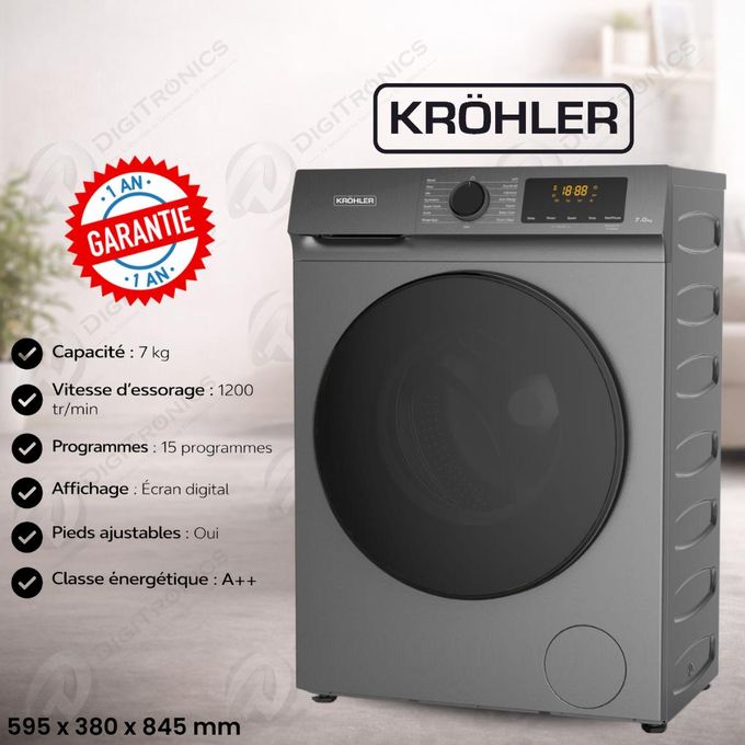 KRÖHLER Machine à laver 7 kg 1200 tr/min Écran digital, 15 Programmes, Classe A++, MKA-7.0-UE-G
 Fiche Technique et Prix au Maroc